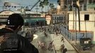 A gameplay screenshot from Dead Rising 3, showing a player character firing from an elevated position at a massive horde of zombies in a city environment. The user interface displays a kill streak count and various objectives. Get your Steam key at RushGame.co