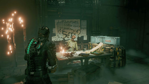 Dead Space Remake - Mysterious Message Scene
A tense in-game screenshot from Dead Space Remake, showing the protagonist in a dimly lit, eerie room. A mutilated corpse is seated at a bloodstained table, with a cryptic message on the wall reading, "Little eyes, little eyes, what secrets have you seen?" The atmospheric lighting and industrial sci-fi setting enhance the horror experience. Buy Dead Space Remake PC CD Key at RushGame.co