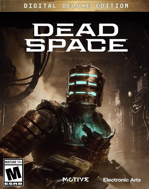 The cover art for Dead Space Remake - Digital Deluxe Edition, featuring Isaac Clarke in his signature armored RIG suit. His glowing blue visor stands out against the dark, industrial sci-fi background, emphasizing the horror and survival elements of the game. The Electronic Arts and Motive logos are visible. Purchase Dead Space Remake Deluxe Edition PC CD Key at RushGame.co for instant access.