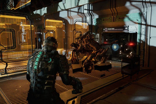 Gameplay screenshot from Dead Space Remake, showing Isaac Clarke in a futuristic corridor illuminated by orange holographic panels. He faces a grotesque Necromorph enemy, ready to engage in combat. The eerie lighting and high-tech setting add to the game's horror atmosphere. Get your Dead Space Remake Steam key instantly at RushGame.co