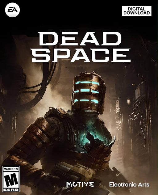 Cover art for Dead Space Remake (PC EA Play/Origin). The image features Isaac Clarke in his iconic RIG suit with glowing blue lights, standing in a dark industrial corridor. The Dead Space logo is prominently displayed above him, with Electronic Arts and Motive branding below. Buy your digital Dead Space Remake key now at RushGame.co