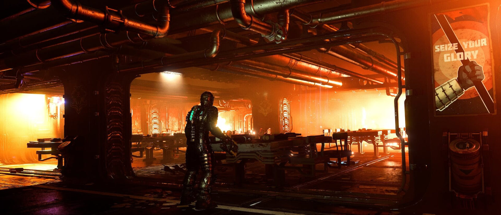 Dead Space Remake PC Steam Screenshot  – A hauntingly illuminated room aboard the spaceship, filled with long tables, metallic pipes, and a propaganda poster reading "Seize Your Glory." Isaac Clarke stands cautiously, ready for any threats lurking in the shadows. Available at RushGame.co