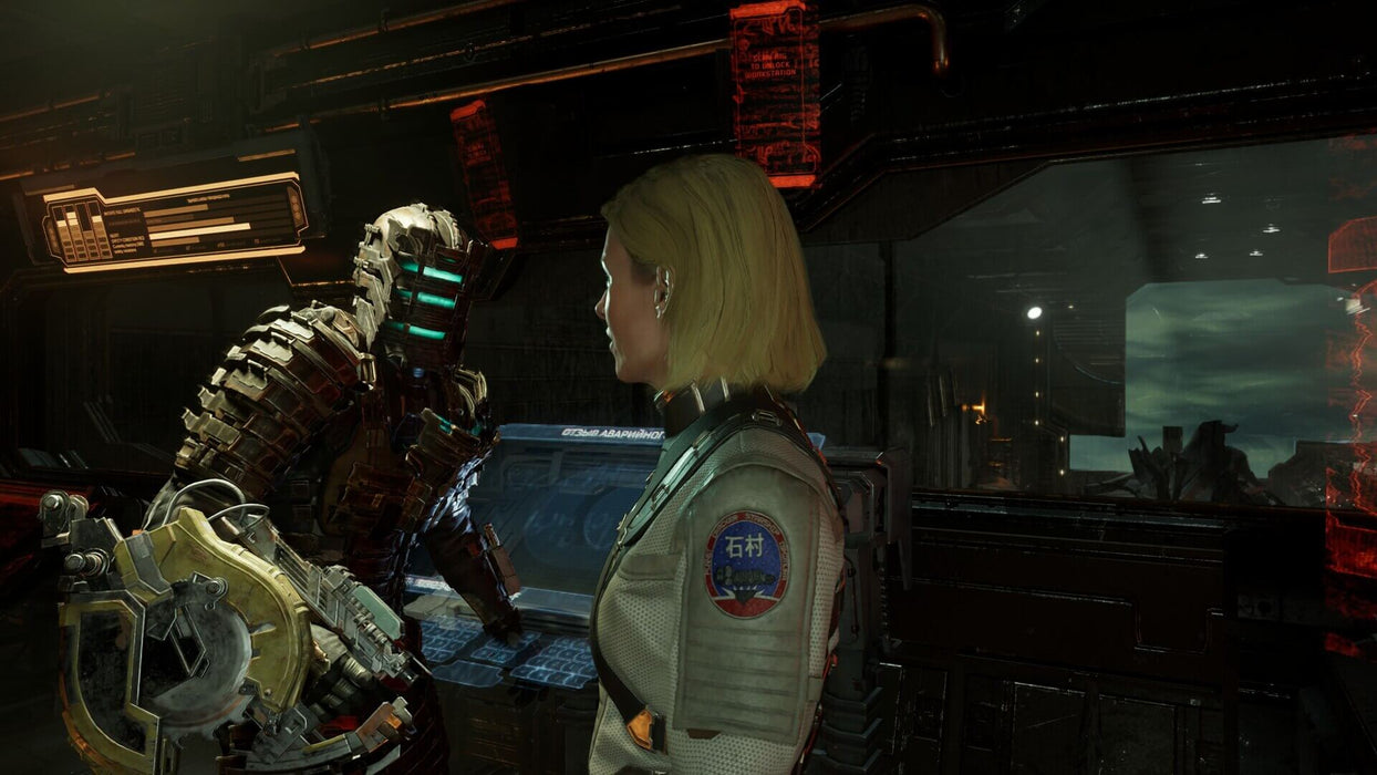 Dead Space Remake PC Steam Screenshot – Isaac Clarke stands in a dimly lit control room, engaging in a conversation with a female character in a futuristic uniform. The scene is detailed with glowing red panels and a large observation window overlooking the eerie space outside. Available at RushGame.co