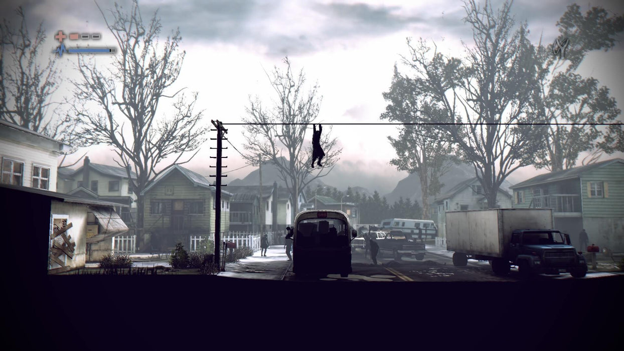 Deadlight: Director’s Cut platforming action – The protagonist clings to a power line above a zombie-infested street, demonstrating the game’s side-scrolling platforming mechanics. The abandoned houses and broken vehicles add to the game’s eerie, survival-horror aesthetic. Purchase your game key at RushGame.co