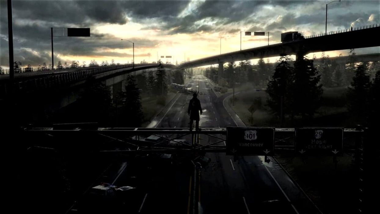 Deadlight: Director’s Cut cinematic scene – A silhouette of the main character stands on top of a highway sign, overlooking an abandoned road stretching into the distance at dusk. The moody lighting and cinematic atmosphere reflect the game’s survival-horror themes. Buy the game now at RushGame.co