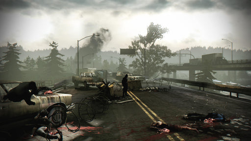 Deadlight: Director’s Cut gameplay – highway scene – A lone survivor walks down a desolate highway filled with abandoned vehicles, barbed wire, and fallen bodies in Deadlight: Director’s Cut. The eerie post-apocalyptic setting is intensified by the cloudy sky and distant fires. Get your digital game key at RushGame.co