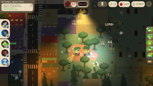 Deadly Days Nintendo Switch gameplay screenshot 1 – A strategic survival management gameplay scene from Deadly Days, showing a pixel-art base camp where survivors prepare for zombie attacks. The interface includes character stats, inventory, and various tactical options. Purchase the game at RushGame.co