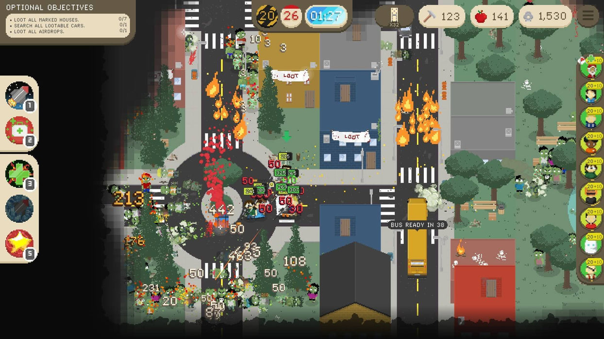 Deadly Days Nintendo Switch gameplay screenshot 2 – An intense battle sequence in Deadly Days, where survivors fight off a massive horde of zombies in an urban environment. Fire, explosions, and loot indicators highlight the game's chaotic survival mechanics. Get your digital copy now at RushGame.co