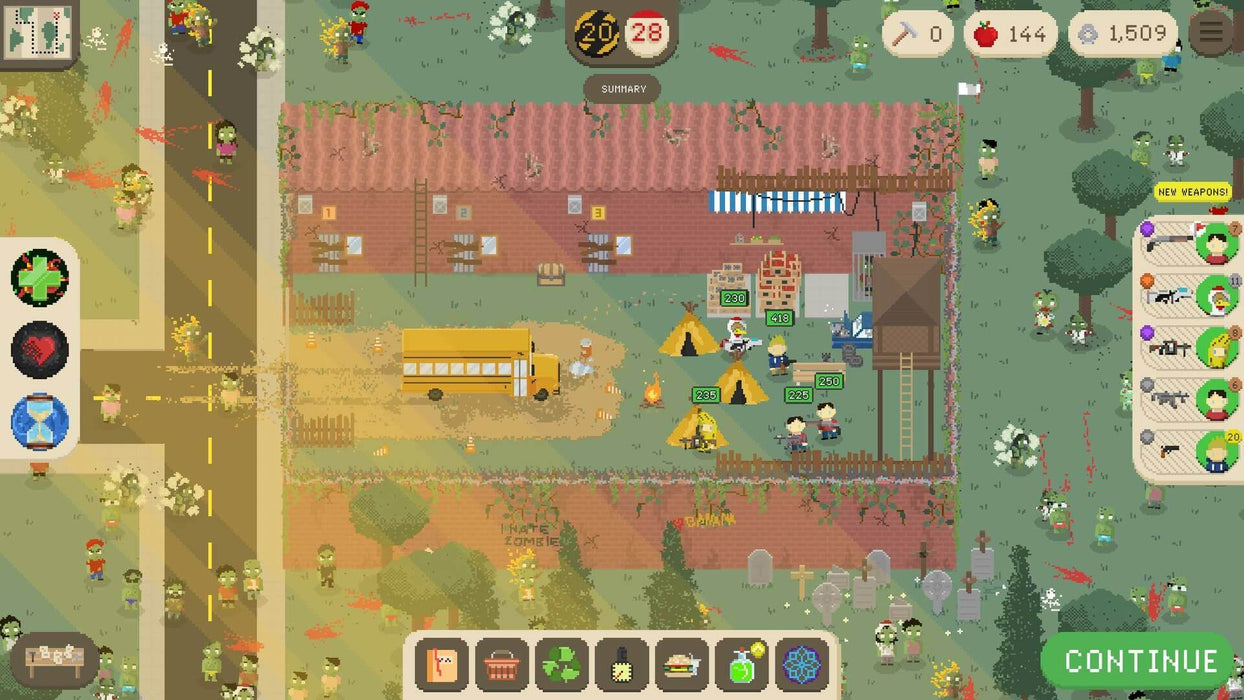 Deadly Days Nintendo Switch gameplay screenshot 3 – A nighttime raid in Deadly Days, with survivors defending themselves under streetlights. Zombies approach from all sides as players use different weapons and abilities to hold their ground. Experience the thrill of this rogue-lite survival strategy game, available at RushGame.co