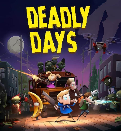 Deadly Days Nintendo Switch cover art – The cover art for Deadly Days on Nintendo Switch, featuring a colorful pixel-art-inspired illustration of survivors fighting off hordes of zombies in a chaotic, action-packed setting. The title is prominently displayed at the top, emphasizing the game's lighthearted yet intense survival theme. Available at RushGame.co