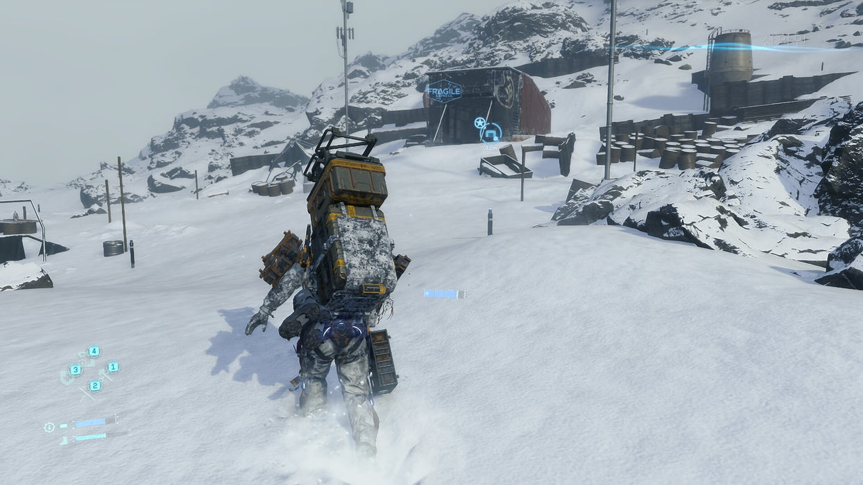 Game screenshot: Snowy Exploration: "Sam Porter Bridges traverses a harsh snowy environment in Death Stranding Director's Cut on PC, carrying cargo while battling the elements. Purchase your activation key now at RushGame.co