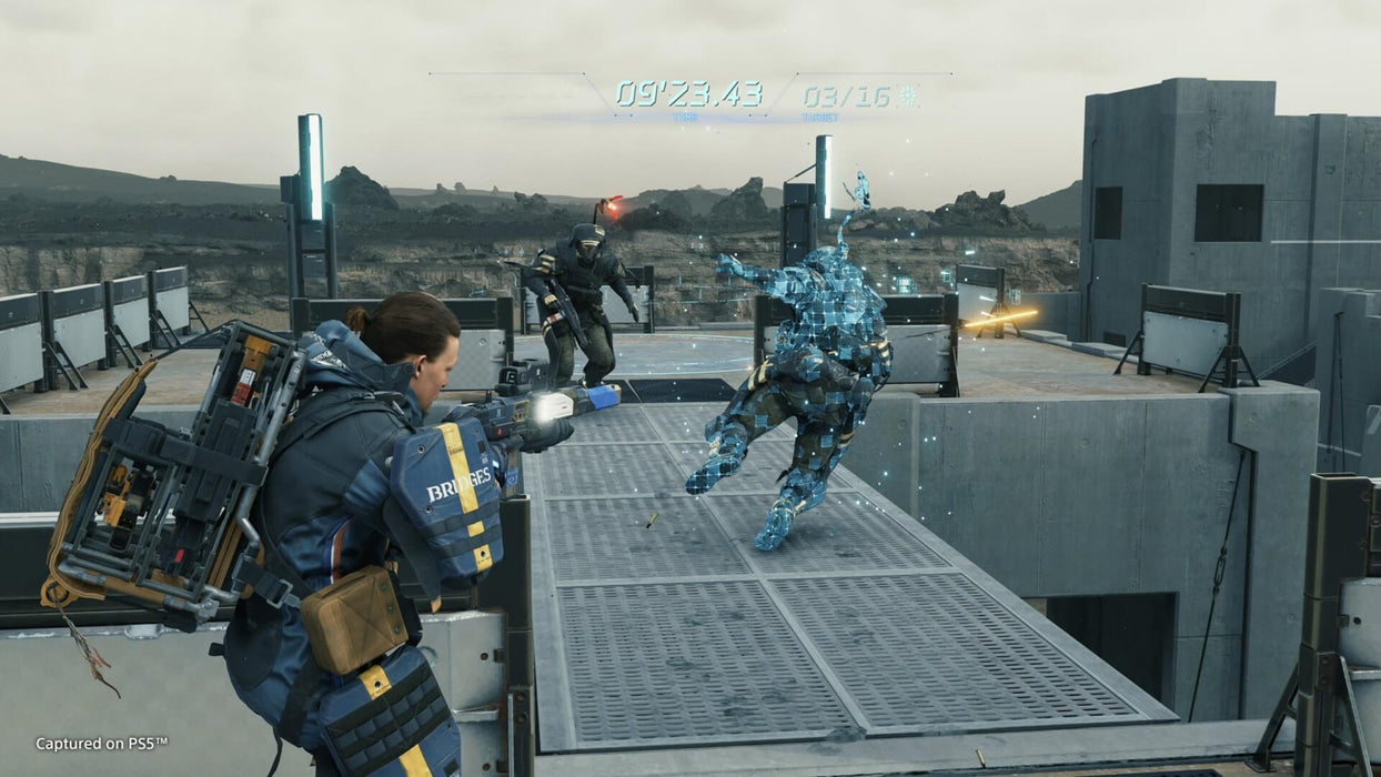 Gameplay screenshot Combat Scene: "Intense combat sequence in Death Stranding Director's Cut on PC, showing Sam Porter Bridges engaging an enemy in a futuristic training arena with high-tech equipment. Get your digital key at RushGame.co