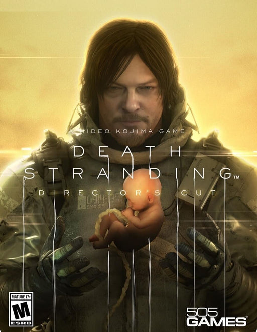 The cover art for Death Stranding Director's Cut for PC on Epic Games, featuring Sam Porter Bridges holding a BB pod against a golden-hued background. Available now at RushGame.co