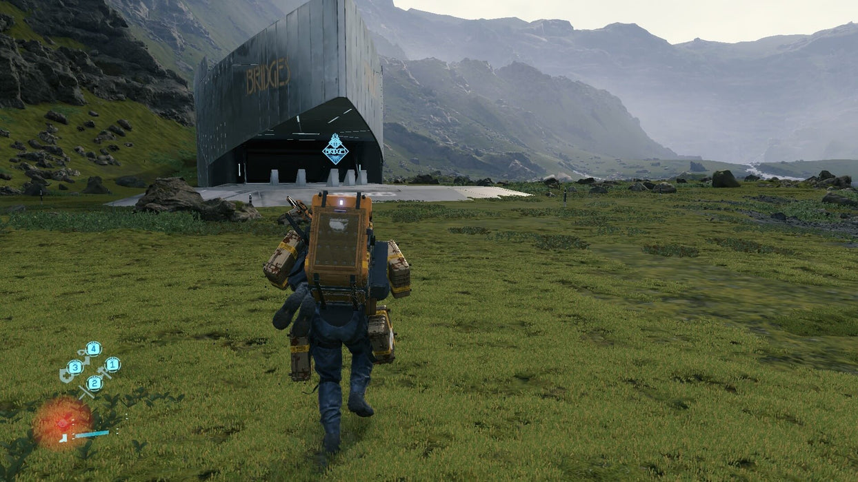Gameplay - Open Field): "Screenshot from Death Stranding: Director's Cut showing Sam Porter Bridges walking across a vast green landscape towards a futuristic Bridges facility. The open-world environment highlights the game's stunning visuals and immersive atmosphere. Get your Steam CD Key at RushGame.co