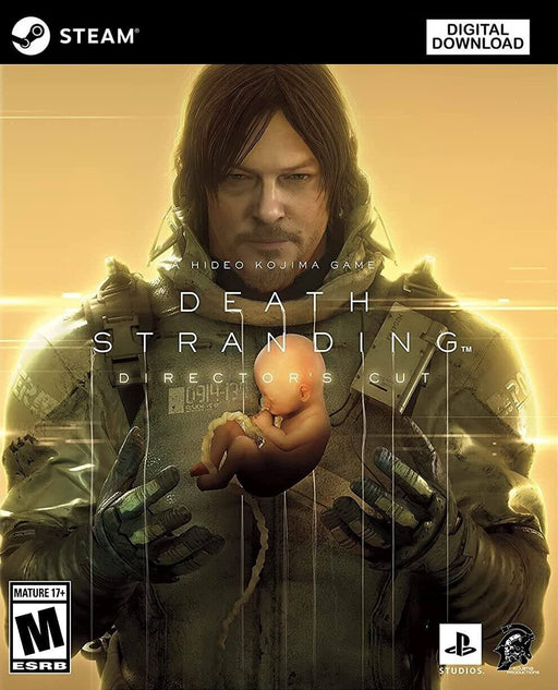 The cover art for Death Stranding: Director's Cut PC Steam CD Key, featuring protagonist Sam Porter Bridges holding a BB (Bridge Baby) in his arms. The background glows with golden light, emphasizing the game's unique aesthetic. Available now at RushGame.co