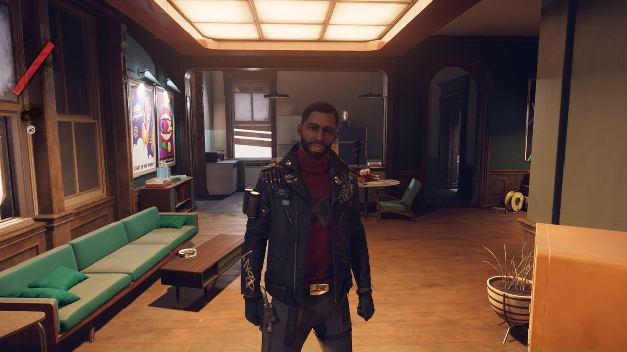 gameplay screenshot: In-game screenshot from Deathloop – A close-up of Colt inside a stylish, retro-futuristic apartment with mid-century modern décor. The character is wearing a leather jacket adorned with pins and patches, adding to the immersive atmosphere of Deathloop. Get the game key at RushGame.co