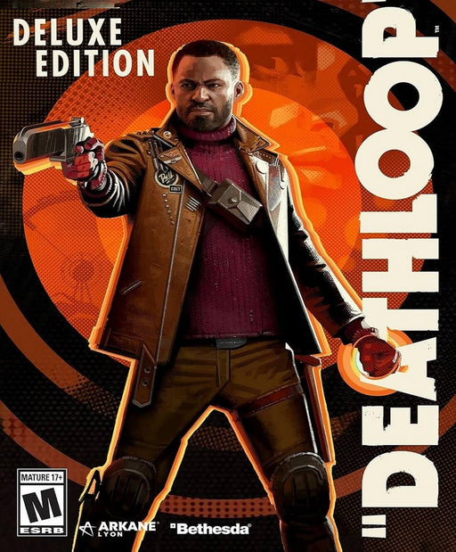 The cover art for Deathloop Deluxe Edition, featuring protagonist Colt holding a futuristic handgun against a bold orange and black background. The Bethesda and Arkane Lyon logos are displayed at the bottom. Available as a digital Steam key at RushGame.co