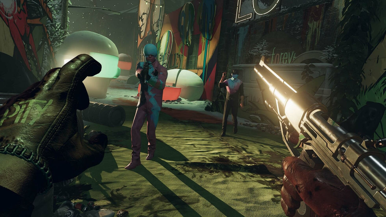 Gameplay screenshot: Intense combat scene from Deathloop on PC Steam. The player uses supernatural abilities while aiming a revolver at masked enemies in a neon-lit environment filled with vibrant graffiti. Secure your Deathloop Steam CD Key at RushGame.co