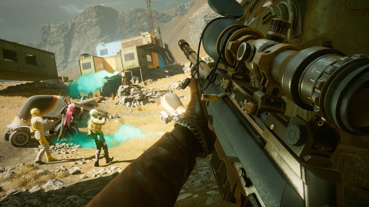 Gameplay screenshot: Scenic in-game environment from Deathloop on PC Steam. The player aims a sniper rifle at an open battlefield while enemies release green smoke, showcasing the game’s tactical combat and vibrant visuals. Get your Deathloop Steam CD Key now at RushGame.co