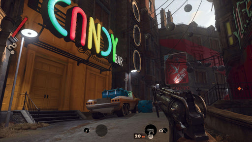 gameplay screenshot: Action-packed first-person shooter view from Deathloop on PC Steam. The player aims a shotgun at neon-lit streets outside the "Candy Bar" in a snow-covered city, highlighting the game's stylish 1960s-inspired aesthetic. Buy Deathloop Steam CD Key at RushGame.co