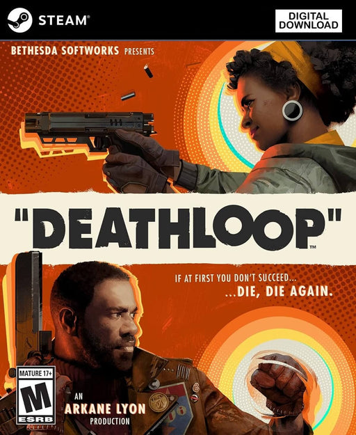 Cover art for Deathloop Deluxe Edition PC Steam CD Key. The protagonist, Colt, is depicted holding a pistol, wearing a stylish brown leather jacket, against an orange-toned background with bold typography. Available at RushGame.co