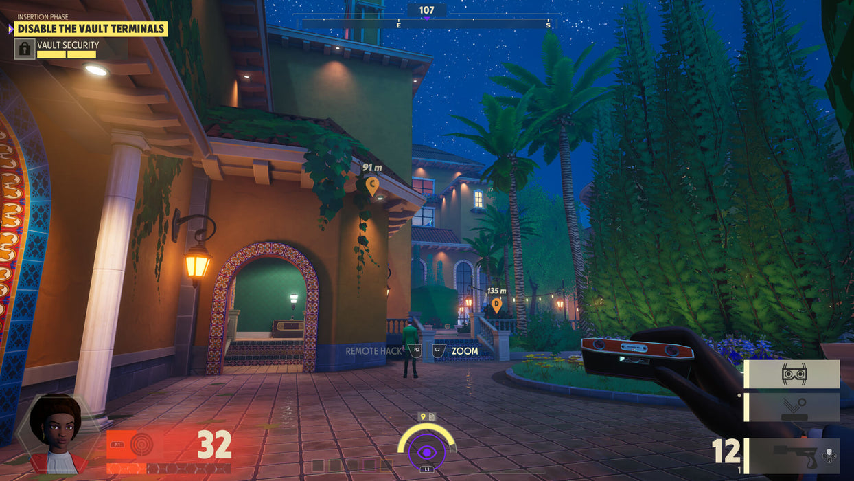 In-game screenshot from Deceive Inc. showing a luxurious villa at night, illuminated by lanterns and surrounded by palm trees. The player's HUD displays mission objectives and health status. Get your game key now at RushGame.co