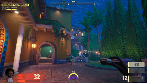 In-game screenshot from Deceive Inc. showing a luxurious villa at night, illuminated by lanterns and surrounded by palm trees. The player's HUD displays mission objectives and health status. Get your game key now at RushGame.co