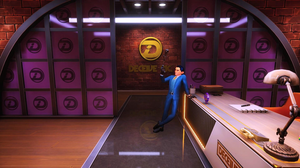 gameplay screenshot - A stylish agent in a blue suit leans against the reception desk inside a high-tech facility with the Deceive Inc. logo in the background. The room has futuristic lighting and sleek furniture. Purchase your digital key at RushGame.co