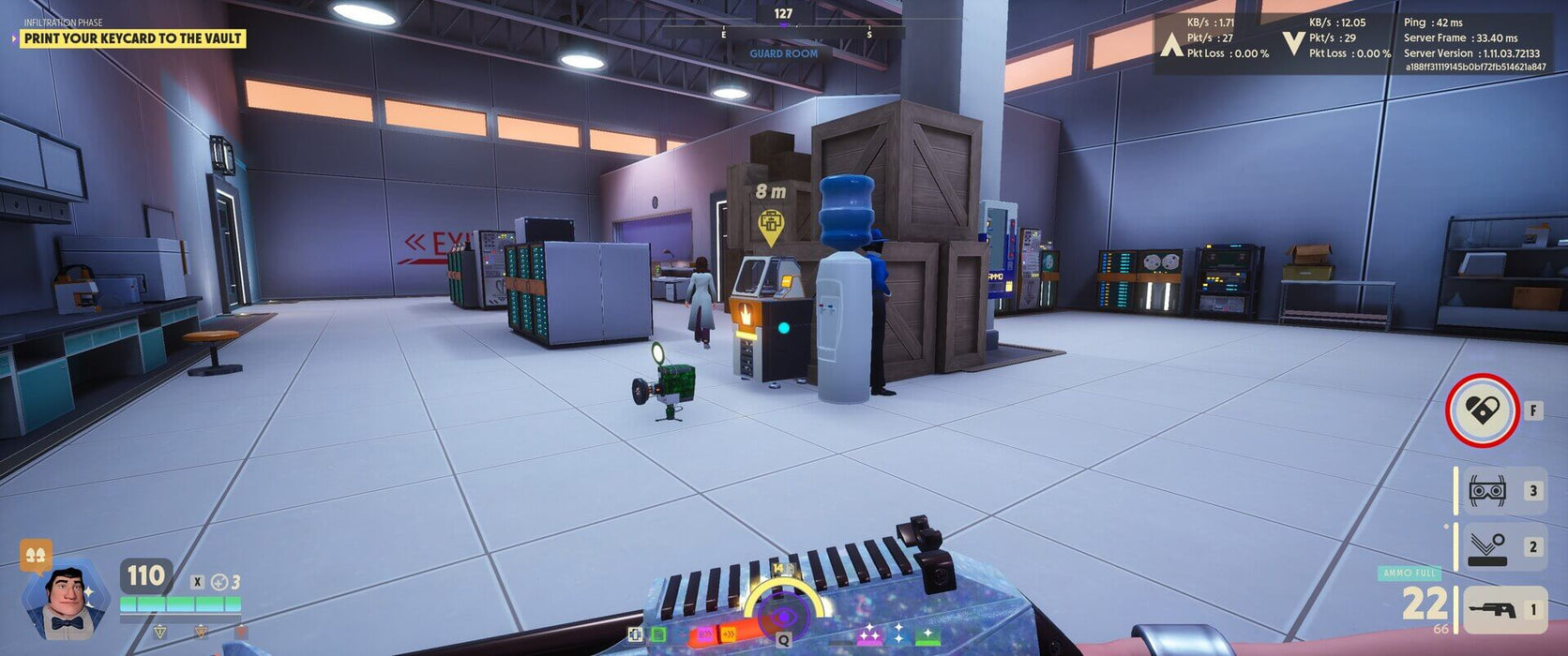 Gameplay screenshot: A player inside a high-security vault room in Deceive Inc., navigating through crates and tech devices. The on-screen interface highlights objectives and enemy positions. Buy your activation code now at RushGame.co