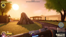 gameplay screenshot: A sunset-lit garden in Deceive Inc., with a gazebo and lush greenery creating a scenic view. The player's first-person view displays a futuristic weapon and interface elements. Secure your game key today at RushGame.co