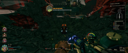 Resource mining and co-op gameplay in Deep Rock Galactic: Dawn of the Dread Pack DLC (PC Steam), showing a first-person perspective in a deep cavern. Get your DLC instantly at RushGame.co.