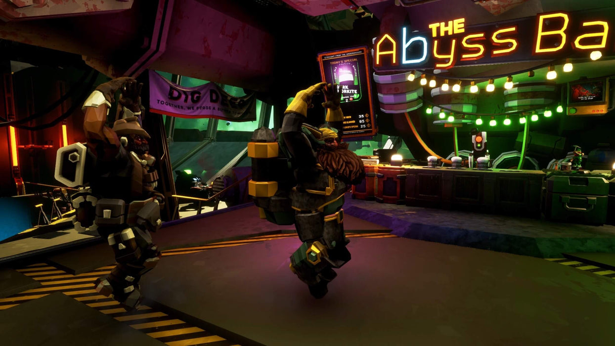 gameplay screenshot - A vibrant social hub in Deep Rock Galactic: Dawn of the Dread Pack DLC (PC Steam), with dwarves enjoying drinks at The Abyss Bar. Buy now at RushGame.co
