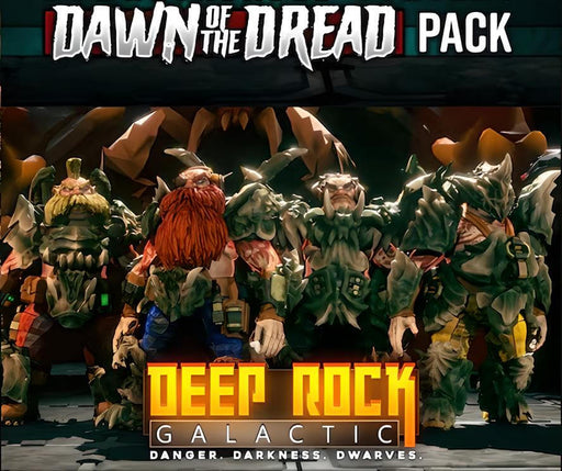 Cover art for Deep Rock Galactic: Dawn of the Dread Pack DLC (PC Steam), featuring heavily armored space dwarves ready for battle. Buy your key now at RushGame.co.