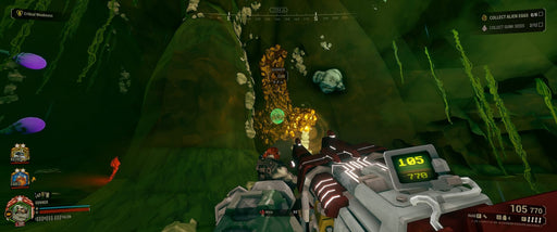 In-game screenshot from Deep Rock Galactic on PC Steam, showing a player mining gold in an underground cavern filled with alien flora. Get your Steam CD Key instantly at RushGame.co and start exploring dangerous caves