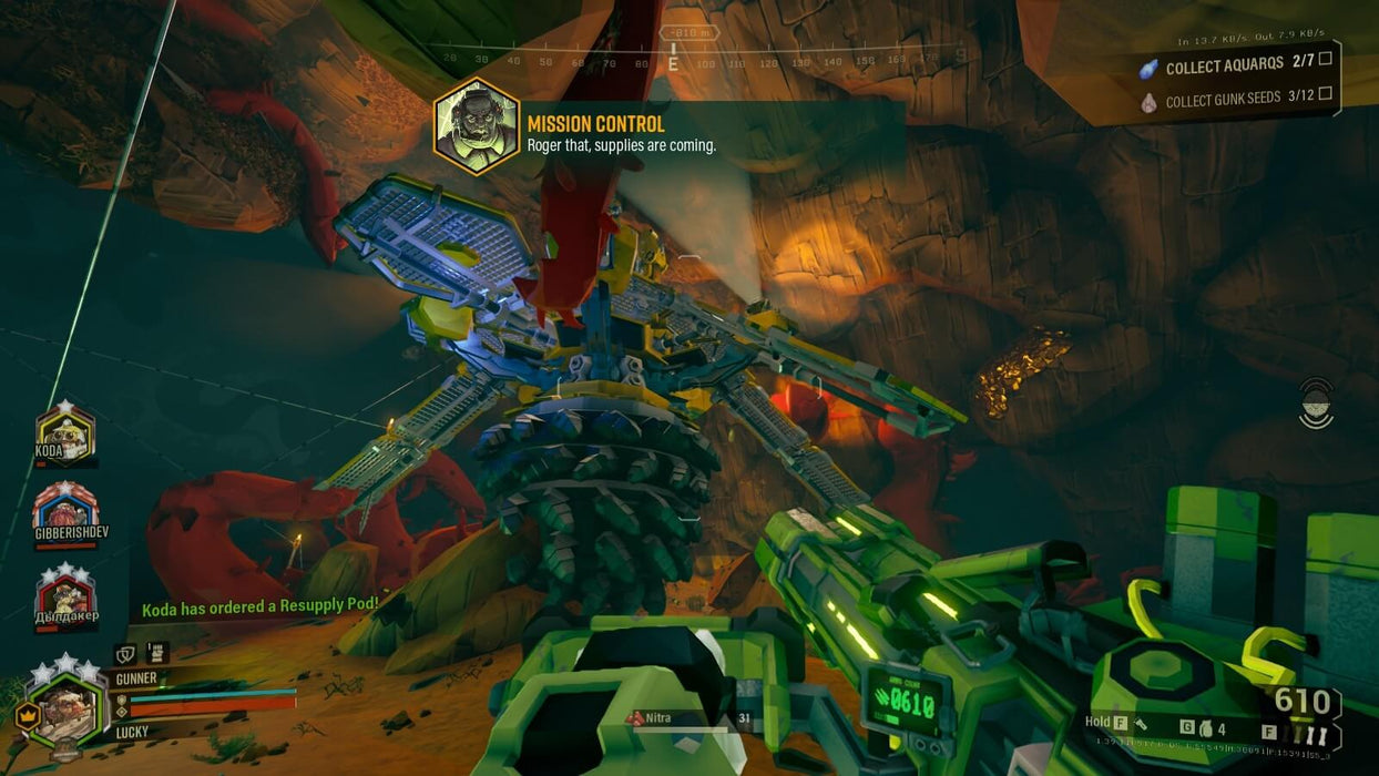 Gameplay screenshot: Action-packed moment in Deep Rock Galactic on PC Steam, as a team of dwarves fights alien creatures inside a dark, rocky cave. Buy your digital activation key at RushGame.co for fast delivery and non-stop cooperative gameplay