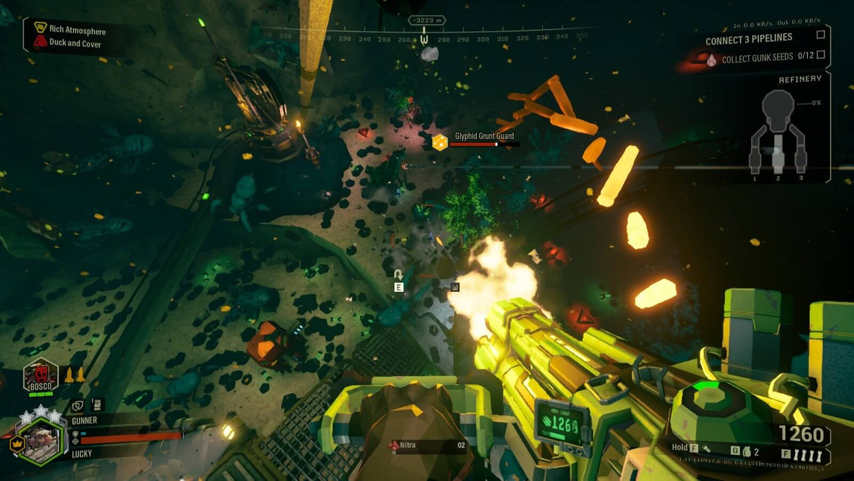A player in Deep Rock Galactic PC Steam battles against a massive swarm of enemies using a powerful minigun in an underground cavern. Secure your Steam CD Key now at RushGame.co and join the action-packed co-op shooter