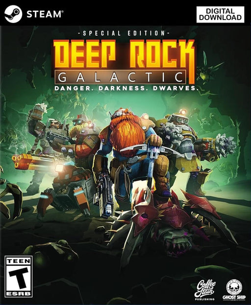 Cover art for Deep Rock Galactic PC Steam CD Key, featuring four heavily armored dwarves ready for battle in a dark cave. Purchase the digital game key now at RushGame.co and embark on a thrilling co-op mining adventure