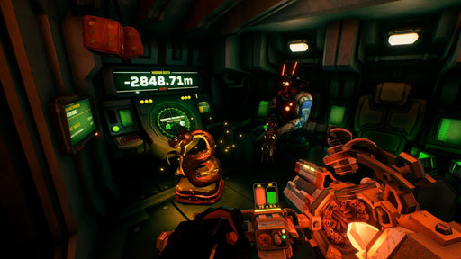 Deep Rock Galactic Xbox One gameplay screenshot – Deep Mining Operation – A mission control station inside a high-tech mining pod, featuring futuristic displays, a glowing golden serpent artifact, and an armed dwarf character. This image captures the sci-fi atmosphere of the game’s deep-space operations. Get your digital code for Deep Rock Galactic at RushGame.co