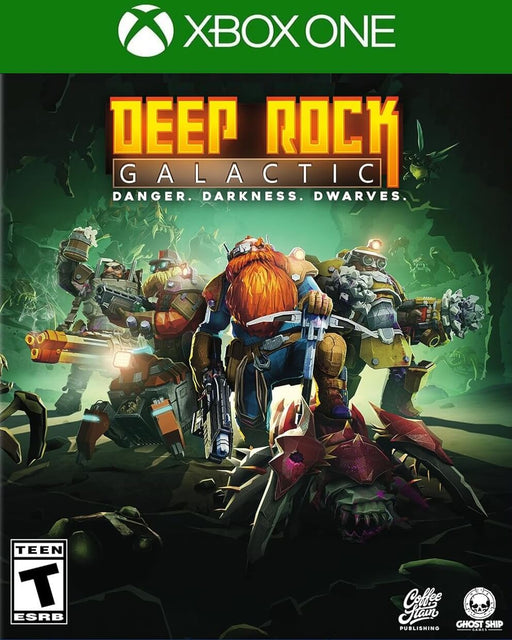 Deep Rock Galactic Xbox One Cover – Official cover art for Deep Rock Galactic on Xbox One, featuring four heavily armed dwarves ready for action against alien threats. The cover emphasizes the game's cooperative gameplay and underground exploration. Available as a digital code at RushGame.co