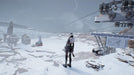 gameplay screenshot:  Expansive snowy landscape in Deliver Us Mars on PC Steam, with the protagonist standing on a cliff edge, observing a futuristic colony and a cable car system. Secure your game key instantly at RushGame.co