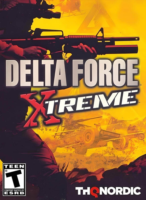 The cover art for Delta Force: Xtreme on PC Steam. The artwork features a soldier aiming a scoped rifle against a backdrop of explosions and military vehicles. The game is a remastered tactical shooter experience from THQ Nordic. Available for instant digital purchase on RushGame.co