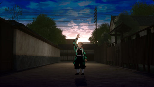 Tanjiro Kamado waving in a peaceful village setting in Demon Slayer: The Hinokami Chronicles. Get your Steam digital key at RushGame.co