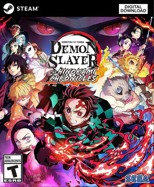 The cover art for Demon Slayer: Kimetsu no Yaiba – The Hinokami Chronicles on PC (Steam), featuring Tanjiro and other heroes. Buy your Steam key now at RushGame.co