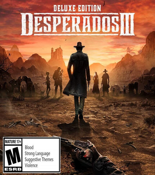 The cover art for Desperados III Digital Deluxe Edition on PC Steam. The artwork features a cowboy in a long coat and hat walking toward a group of armed figures in a Wild West setting with a dramatic sunset in the background. The ESRB rating indicates mature content, including violence, blood, and strong language. Get your game key at RushGame.co