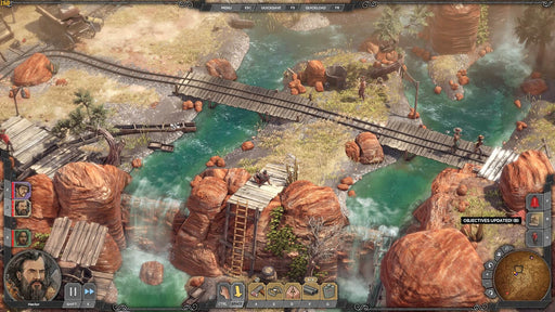 Gameplay screenshot - Canyon and River Bridge): "A beautifully detailed canyon landscape in Desperados III, showcasing a wooden bridge over a turquoise river surrounded by rugged red rock formations. Players must use stealth and tactics to evade or eliminate enemies. Buy your digital game key at RushGame.co