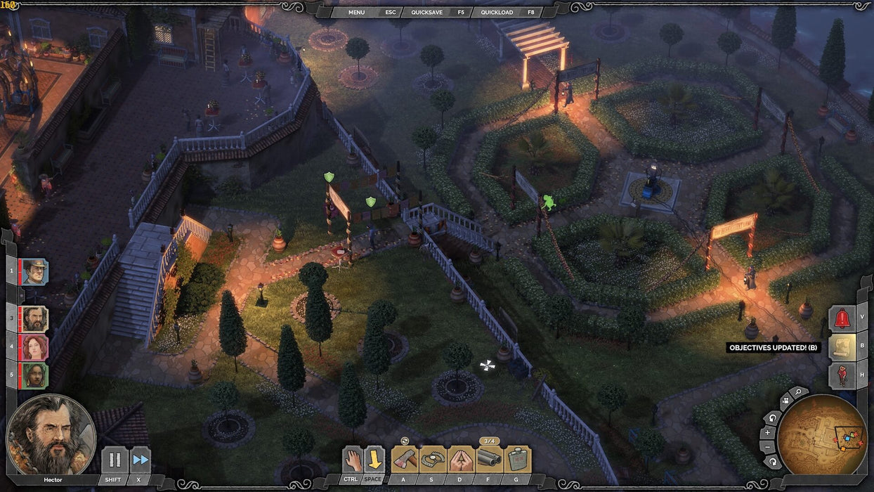 Gameplay screenshot - Garden Mansion): "A strategic top-down view of a luxurious mansion garden in Desperados III, where players navigate guards and obstacles under the cover of night. The scene features hedges, decorative paths, and an intricate layout for tactical planning. Available at RushGame.co