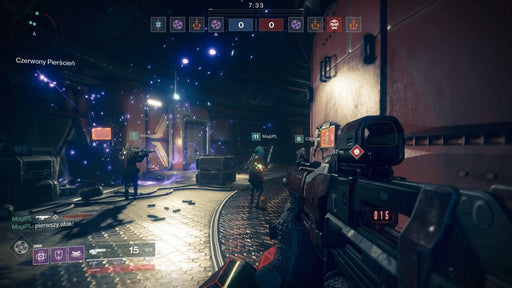 A gameplay screenshot from Destiny 2: Bungie 30th Anniversary Pack, showcasing a Guardian aiming at a massive alien enemy in a dark, atmospheric dungeon. Expand your Destiny 2 experience with an instant digital key from RushGame.co