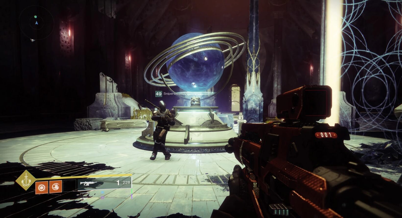 Destiny 2 gameplay inside a grand celestial chamber – A Guardian inside an ancient, high-tech chamber featuring a glowing blue orb suspended in a rotating celestial structure. Another Guardian is standing near the artifact while the player holds a futuristic sniper rifle. Explore the world of Destiny 2 with CD keys from RushGame.co