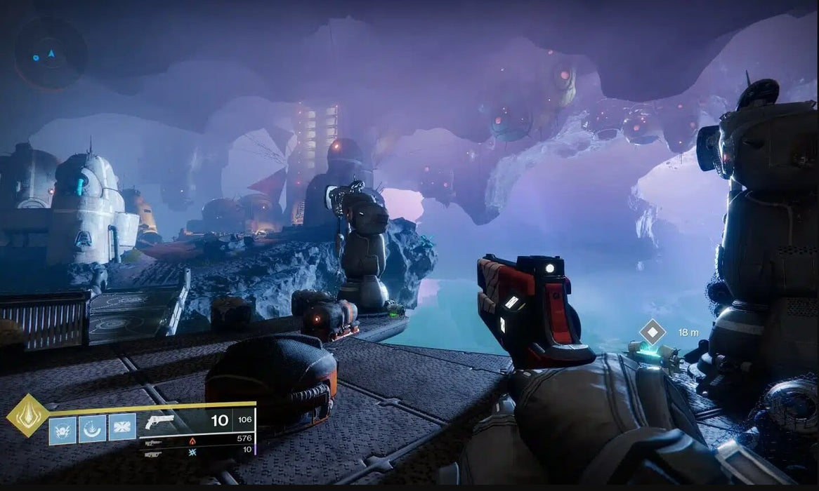 Gameplay screenshot: Destiny 2 moonbase environment with Guardian exploring – A Guardian in Destiny 2 observes an eerie, purple-lit moonbase with futuristic structures and glowing technology in the background. The first-person perspective shows a red-handled pistol aimed toward an objective marker. Buy Destiny 2 game codes at RushGame.co