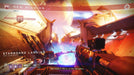 Destiny 2 gameplay mission on The Almighty – A first-person view of a Guardian in Destiny 2, exploring the Starboard Landing on The Almighty. The mission interface displays "New Mission" with a bright orange and blue futuristic landscape ahead. Available weapons and mission objectives are visible on-screen. Buy Destiny 2 CD keys at RushGame.co